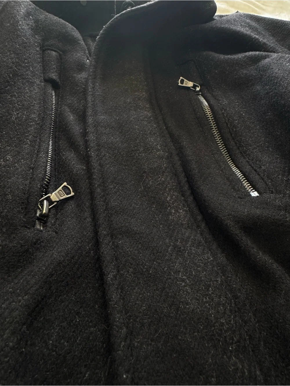 Elie Tahari Men Black Wool Car Coat Jacket Size Large Full Zip Military Epaulets
